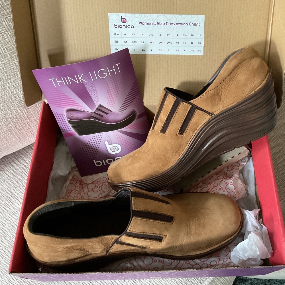 Bionica Size 10 Medium “Coast” Tan Suede Mules with Wedge Heel